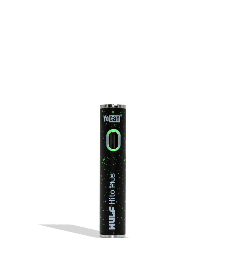Yocan WULF Mods Hito Plus vape device 510 battery with a glowing green power button, standing upright on a white background with a soft shadow.