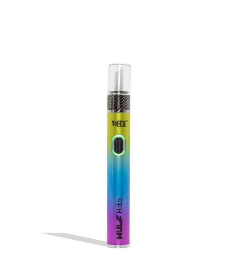 Yocan WULF Mods Hito Knife Kit device 510 battery with a glowing green power button, standing upright on a white background with a soft shadow. full color