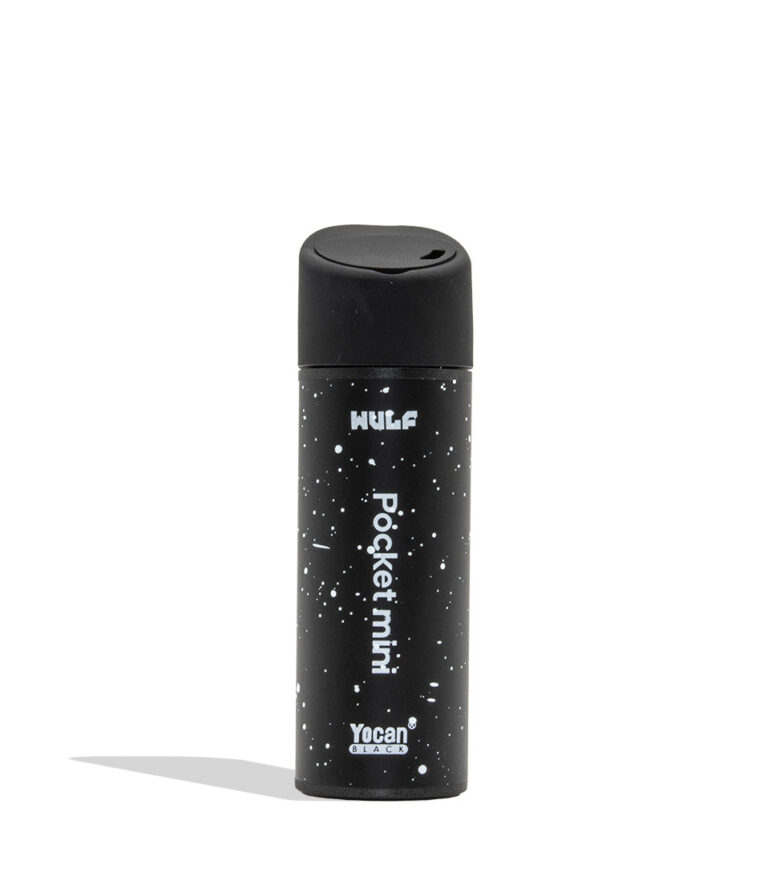 WULF MODS Pocket Mini concentrate vaporizer in black white spatter, featuring a vertical rainbow LED indicator light on the side, shown against a plain white background. Back logo view
