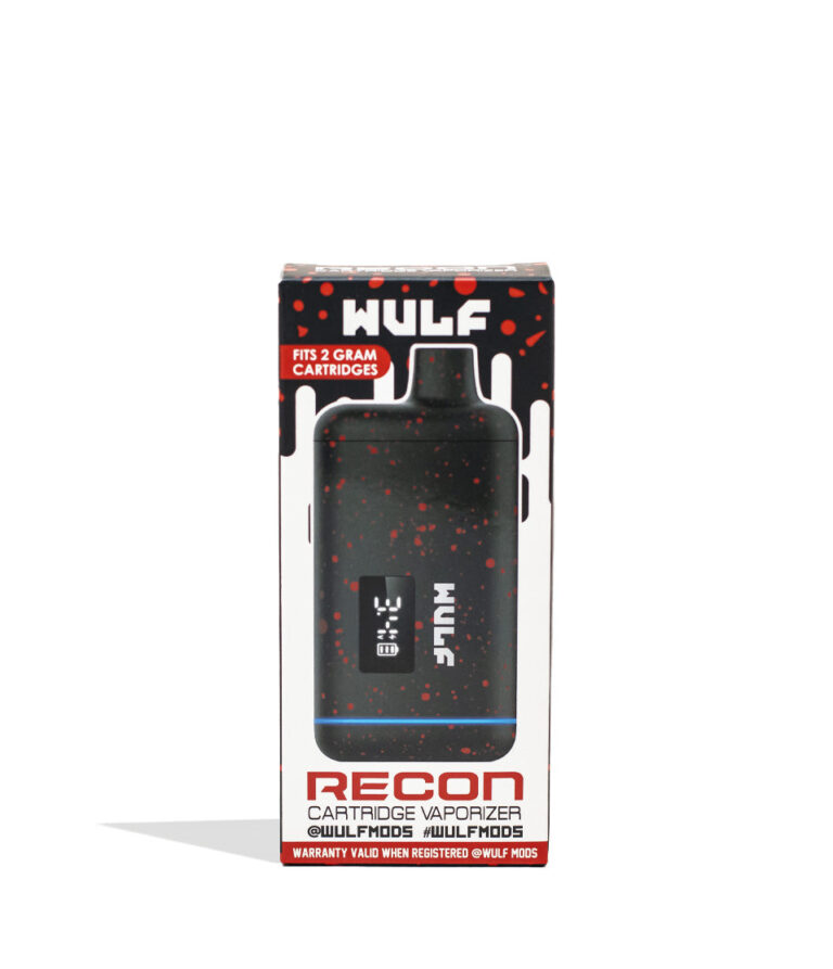 Black Red Spatter Wulf Mods Recon 510 Thread Battery Packaging Front View on White Background