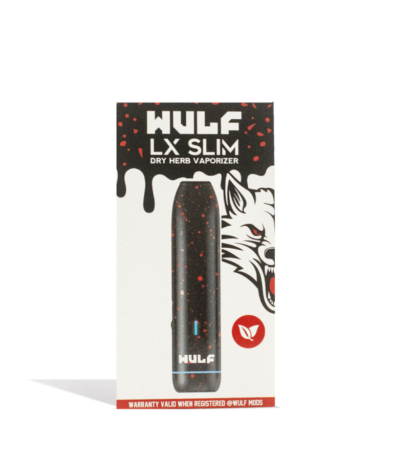 Black Red Spatter packaging Wulf Mods LX Slim Portable Dry Herb Vaporizer on white background