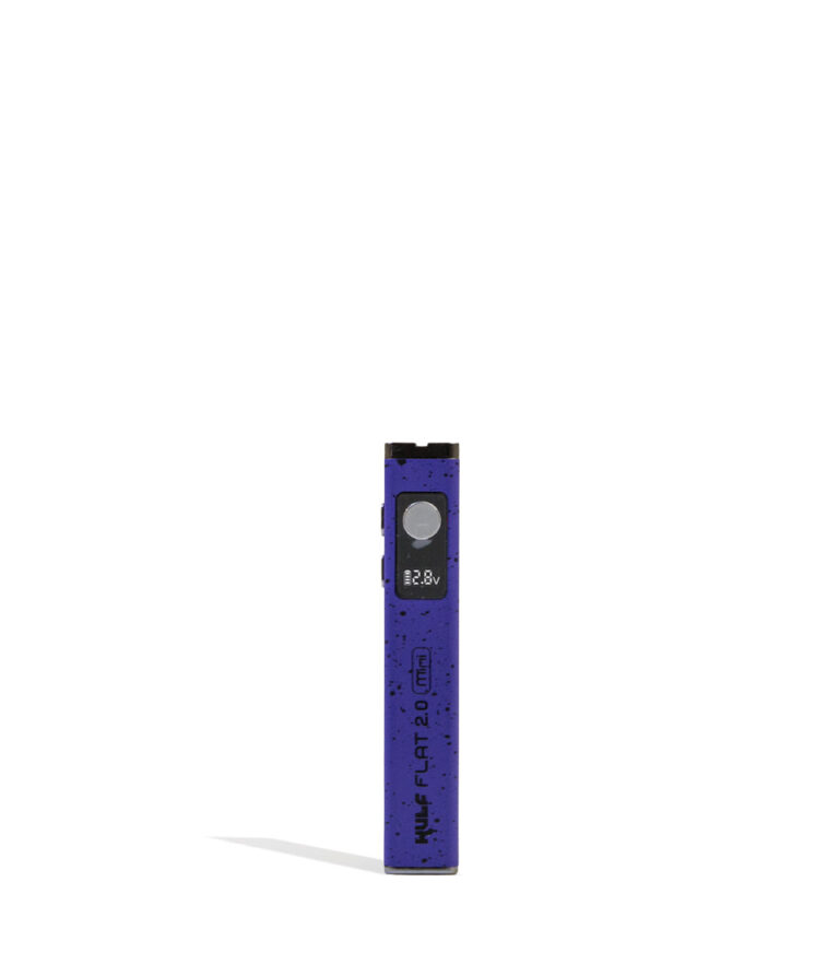 Purple Black Spatter Wulf Mods Flat Mini 2.0 Variable Voltage Battery Front View on White Background