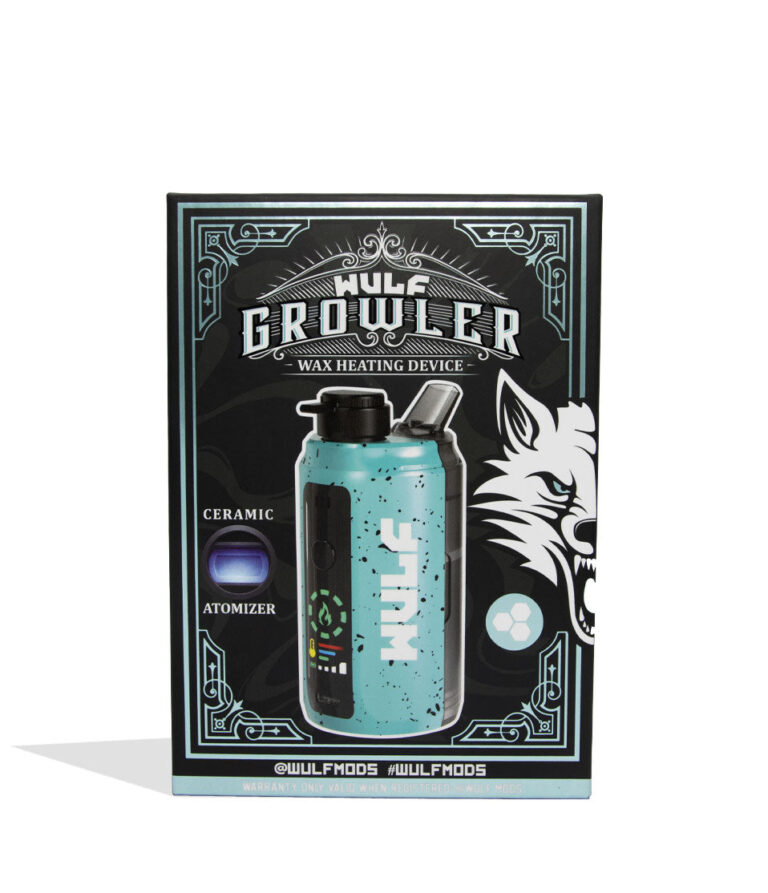 Teal Black Spatter Wulf Mods Growler Electronic Dab Rig packaging on white background