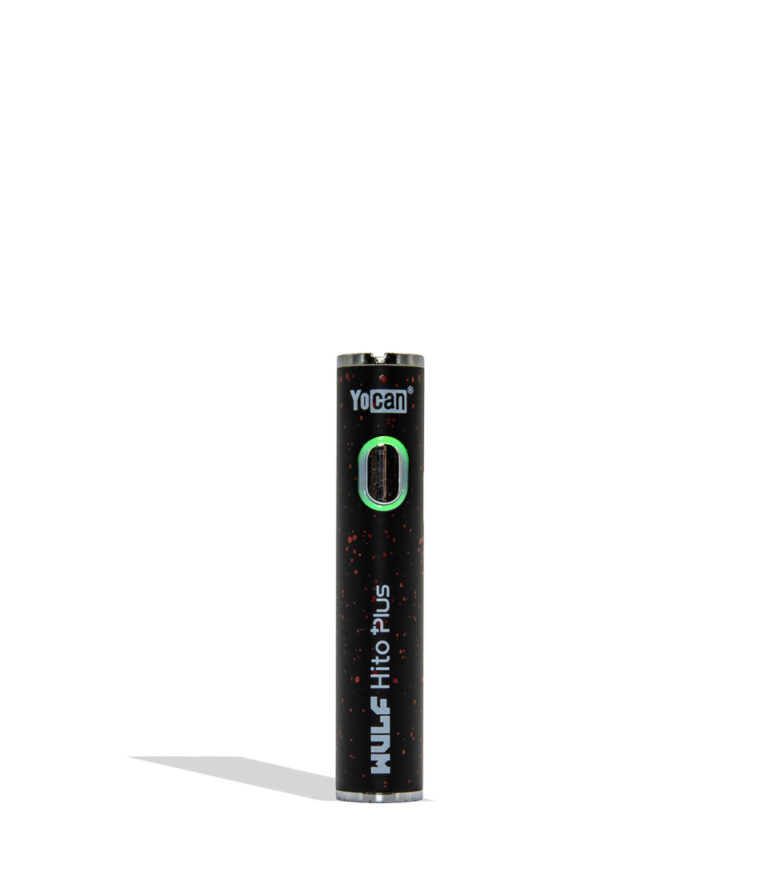 Yocan WULF Mods Hito Plus vape device 510 battery with a glowing green power button, standing upright on a white background with a soft shadow.