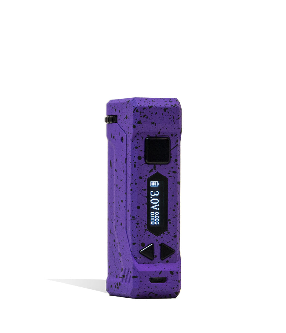 Purple Black Spatter Wulf Mods UNI Pro Adjustable 510 Thread Battery Front View on White Background