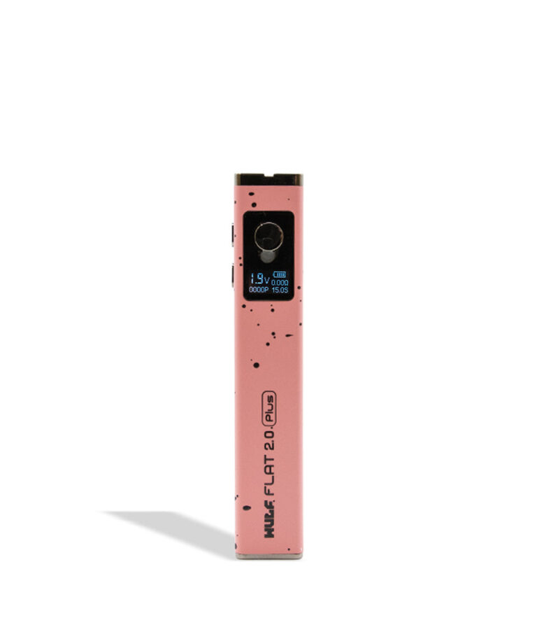 WULF Flat Plus 2.0 510 thread battery in pink with black spatter, upright with the display lit