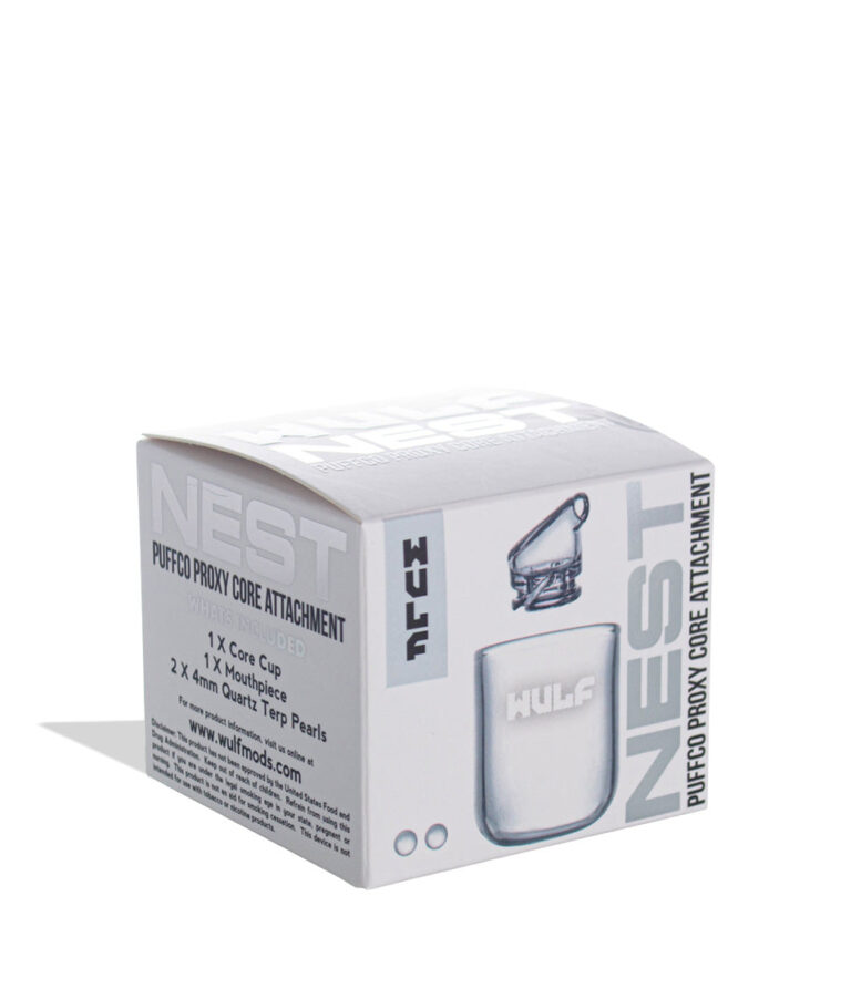 WULF Nest Puffco Proxy core attachment retail box in white, side view