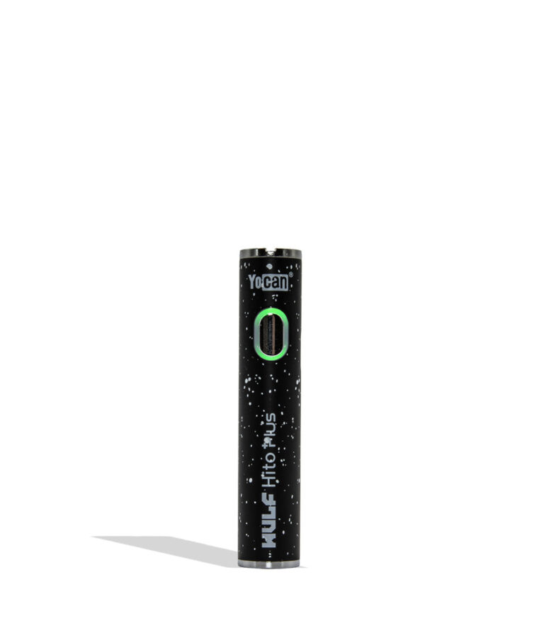 Yocan WULF Mods Hito Plus vape device 510 battery with a glowing green power button, standing upright on a white background with a soft shadow.