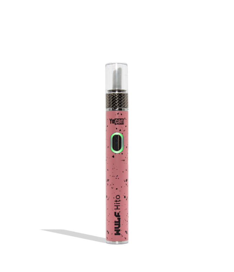 Yocan WULF Mods Hito Knife Kit device 510 battery with a glowing green power button, standing upright on a white background with a soft shadow. pink black spatter