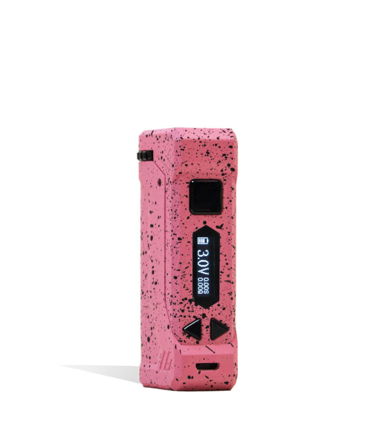 Pink Black Spatter Full Color Wulf Mods UNI Pro Adjustable 510 Thread Battery Front View on White Background