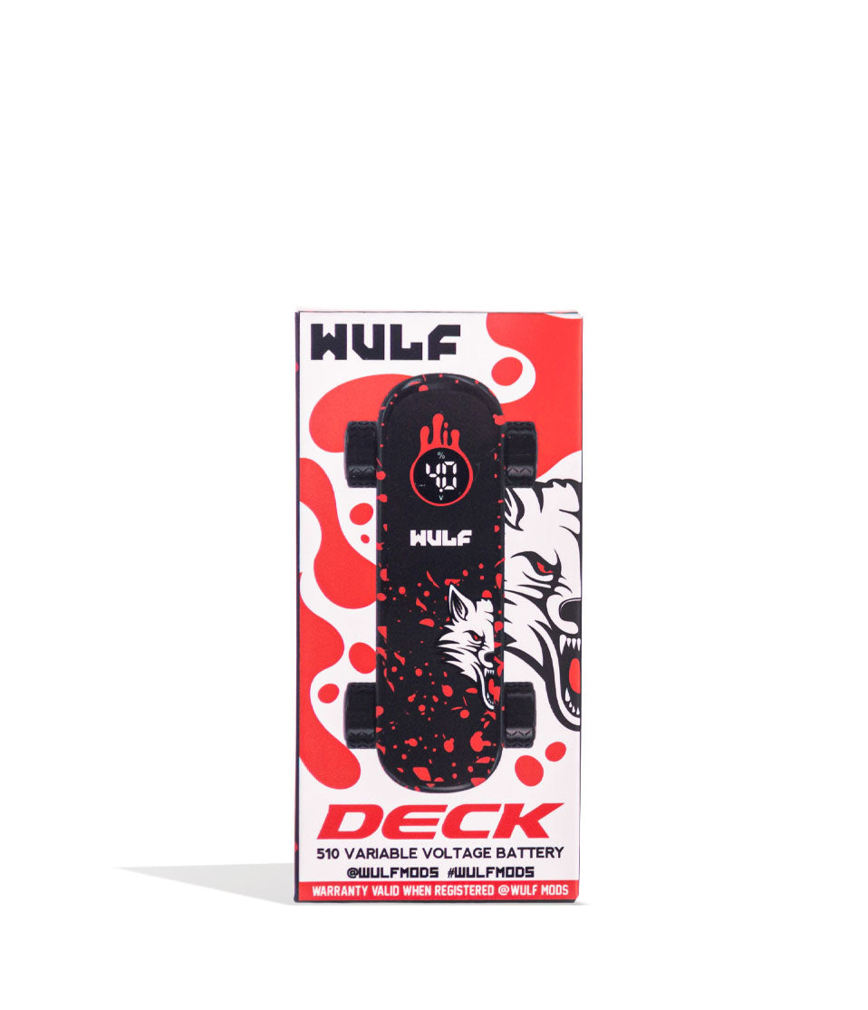 Black Red Spatter Wulf Mods Deck Skateboard Voltage Battery Packaging Front View on White Background