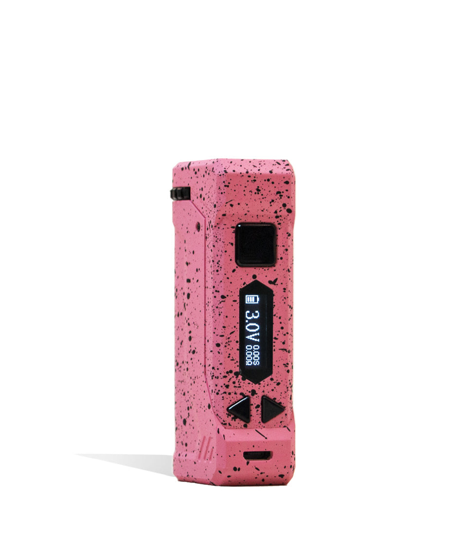 Pink Black Spatter Full Color Wulf Mods UNI Pro Adjustable 510 Thread Battery Front View on White Background