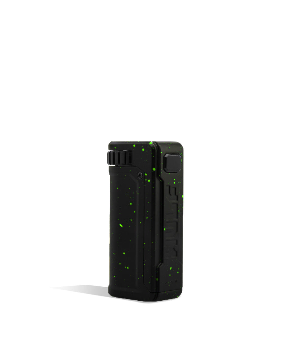 Black Green Spatter Wulf Mods UNI S Adjustable 510 Thread Battery Front View on White Background