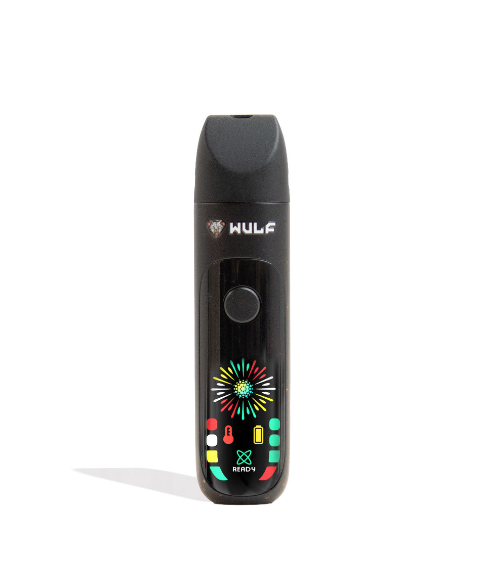 Black-Red Spatter Wulf Mods Budr Portable Concentrate Vaporizer Front View on White Background