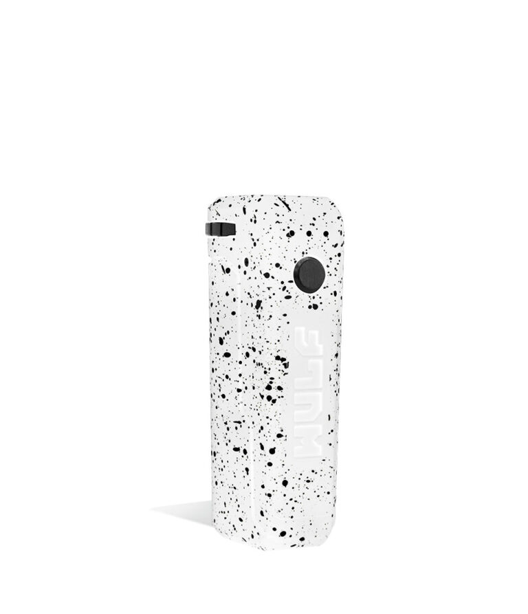 White Black Spatter Wulf Mods UNI Adjustable 510 Thread Battery Side View on White Background