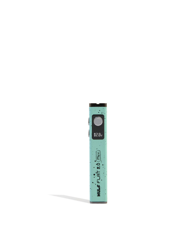 Teal Black Spatter Wulf Mods Flat Mini 2.0 Variable Voltage Battery Front View on White Background