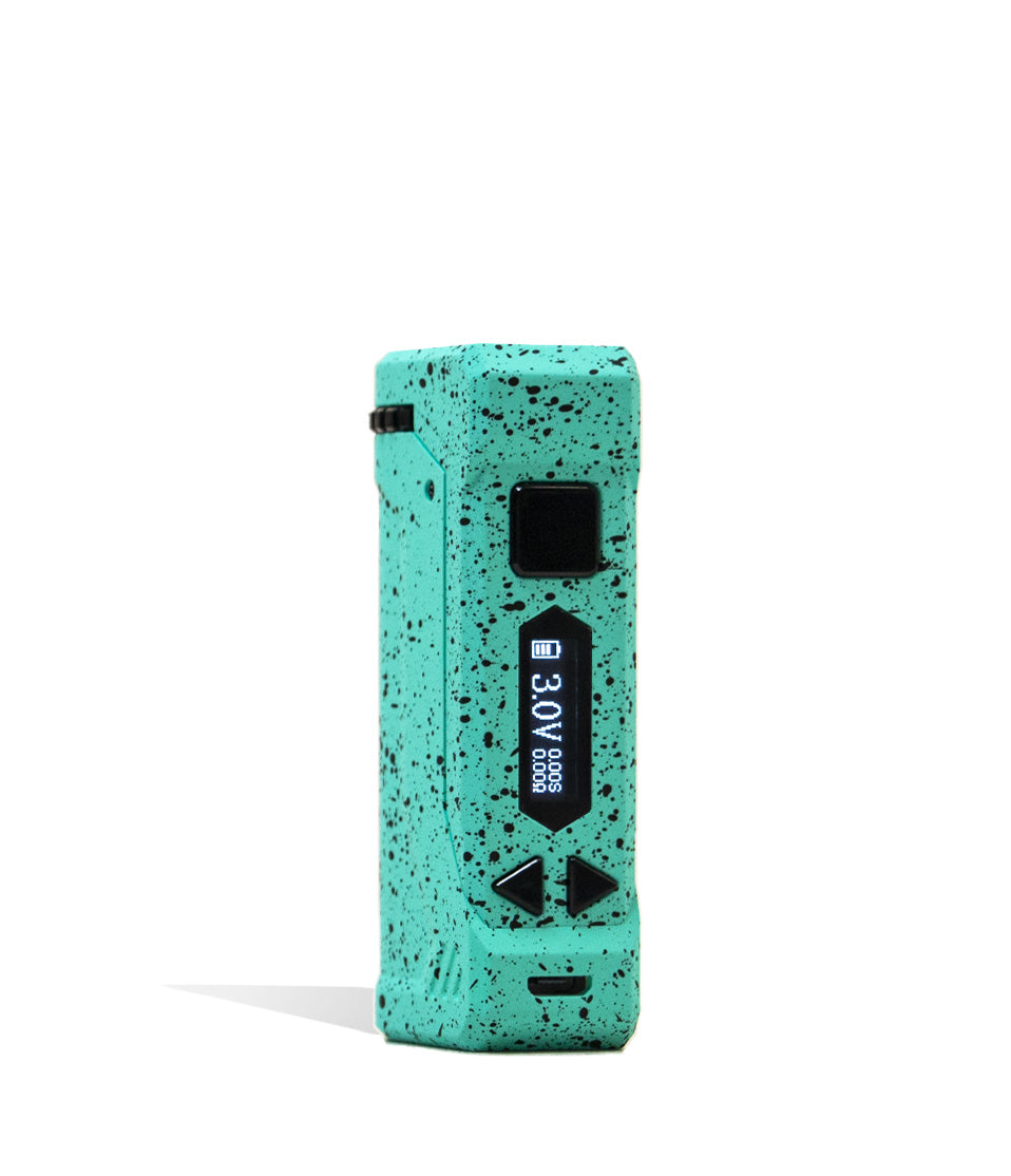 Teal Black Spatter Full Color Wulf Mods UNI Pro Adjustable 510 Thread Battery Front View on White Background