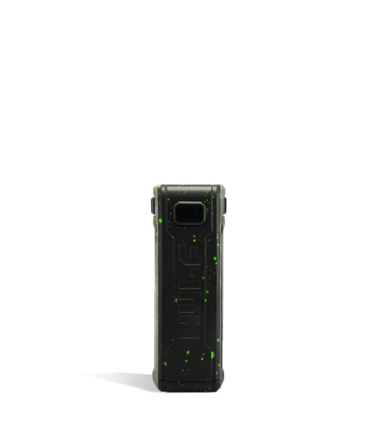 Black Green Spatter Wulf Mods UNI S Face View Adjustable 510 Thread Battery on White Background