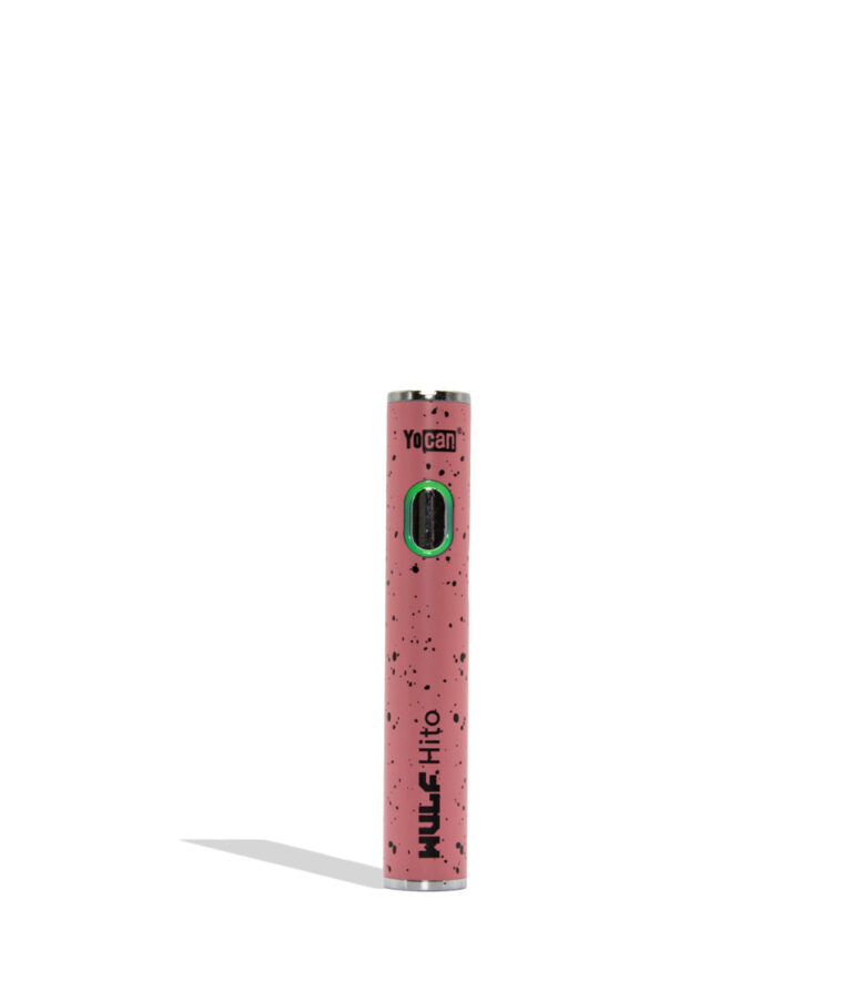 Yocan WULF Mods Hito vape device 510 battery with a glowing green power button, standing upright on a white background with a soft shadow. Pink black spatter color.