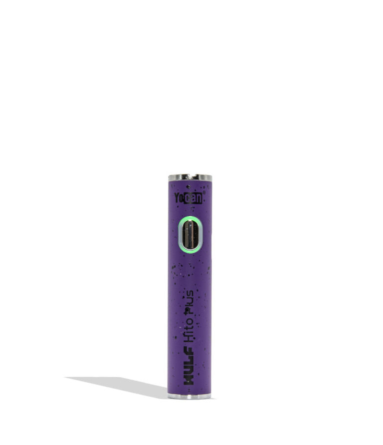 Yocan WULF Mods Hito Plus vape device 510 battery with a glowing green power button, standing upright on a white background with a soft shadow. Puplre black spatter