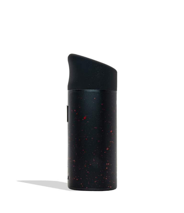 WULF MODS Pocket Mini concentrate vaporizer in black with red spatter pattern details, featuring a vertical rainbow LED indicator light on the side, shown against a plain white background. Side view