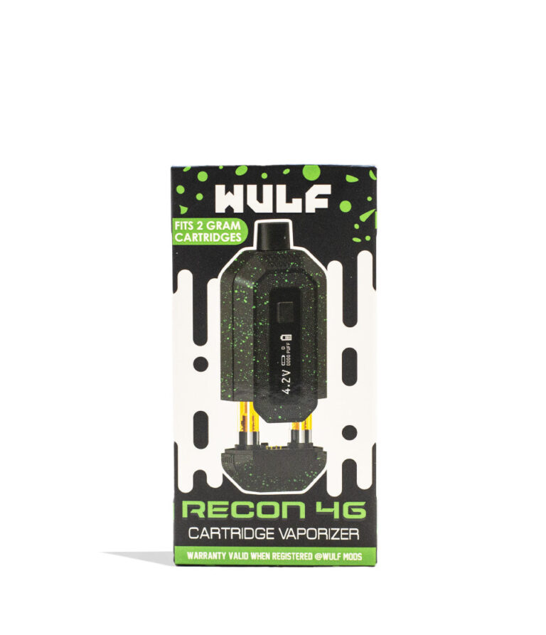 Black Green Spatter Wulf Mods Recon 4g Dual 510 Thread Battery Packaging Front View on White Background