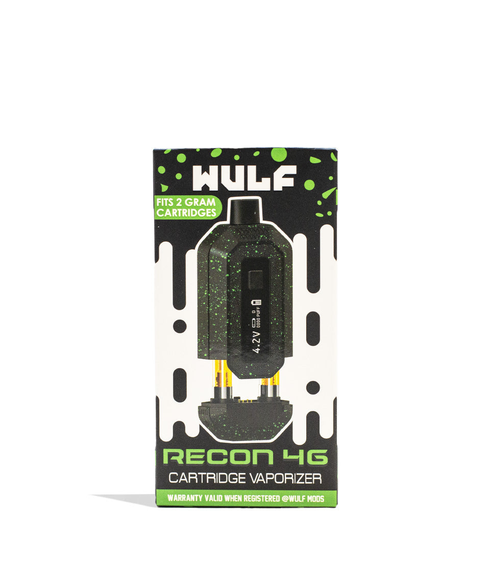Black Green Spatter Wulf Mods Recon 4g Dual 510 Thread Battery Packaging Front View on White Background
