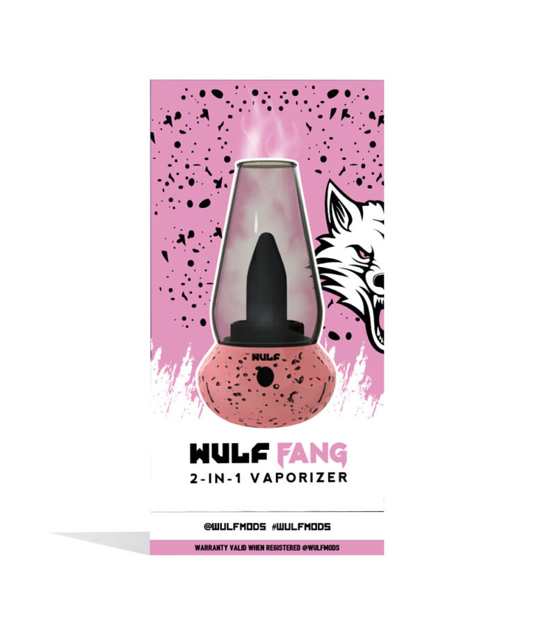 Pink and Black Spatter Wulf Mods Fang 2-in-1 Vaporizer front box view on white background