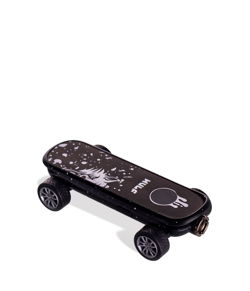 Black White Spatter Wulf Mods Deck Skateboard Voltage Battery Down View on White Background