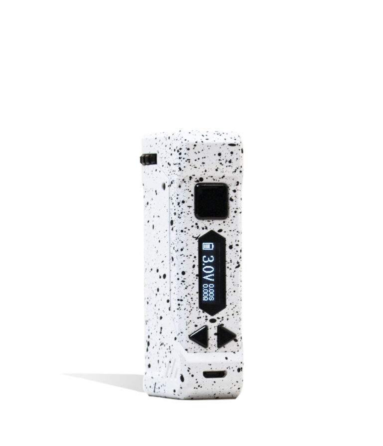 White Black Spatter Wulf Mods UNI Pro Adjustable 510 Thread Battery Front View on White Background