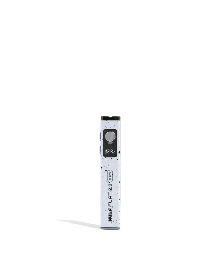 White Black Spatter Wulf Mods Flat Mini 2.0 Variable Voltage Battery Front View on White Background