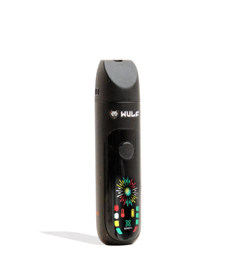 Black-Red Spatter Wulf Mods Budr Portable Concentrate Vaporizer Angle  View on White Background