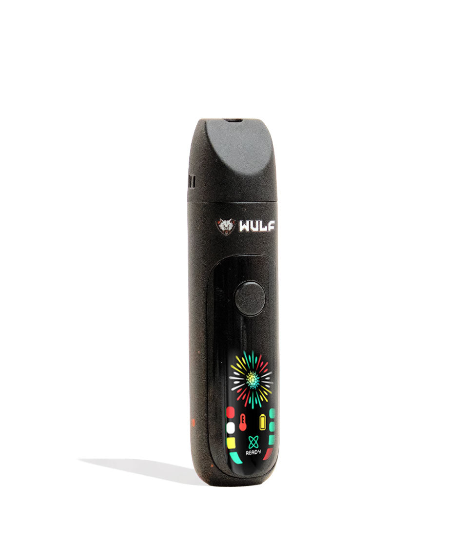 Black-Red Spatter Wulf Mods Budr Portable Concentrate Vaporizer Angle  View on White Background