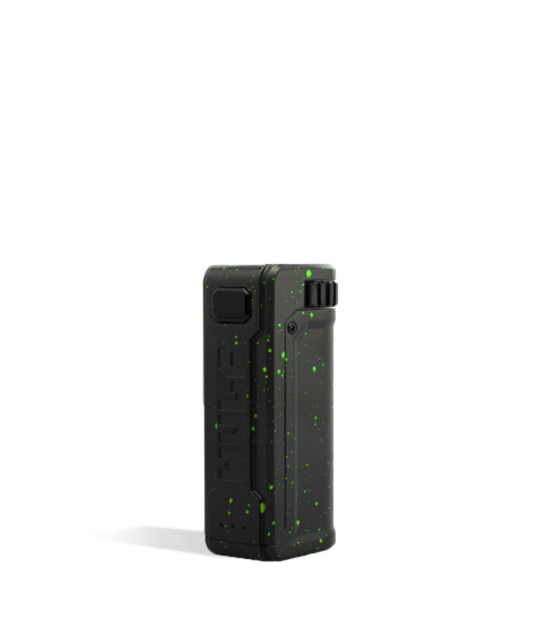 Black Green Spatter Wulf Mods UNI S Adjustable 510 Thread Battery Side View on White Background