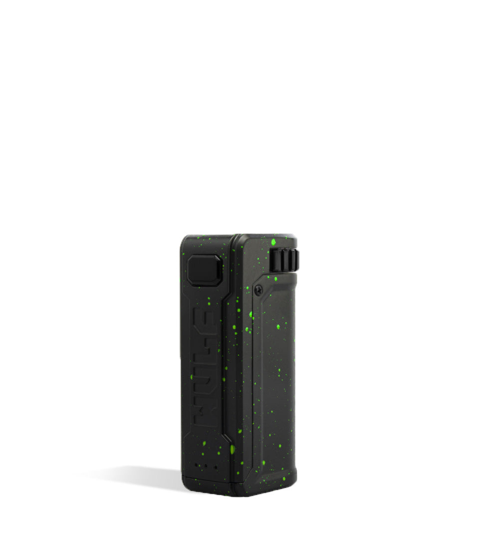 Black Green Spatter Wulf Mods UNI S Adjustable 510 Thread Battery Side View on White Background