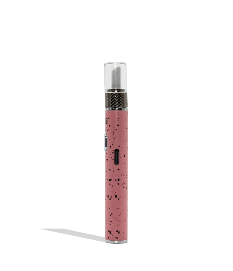 Yocan WULF Mods Hito Knife Kit device 510 battery with a glowing green power button, standing upright on a white background with a soft shadow. USB-C view pink black spatter