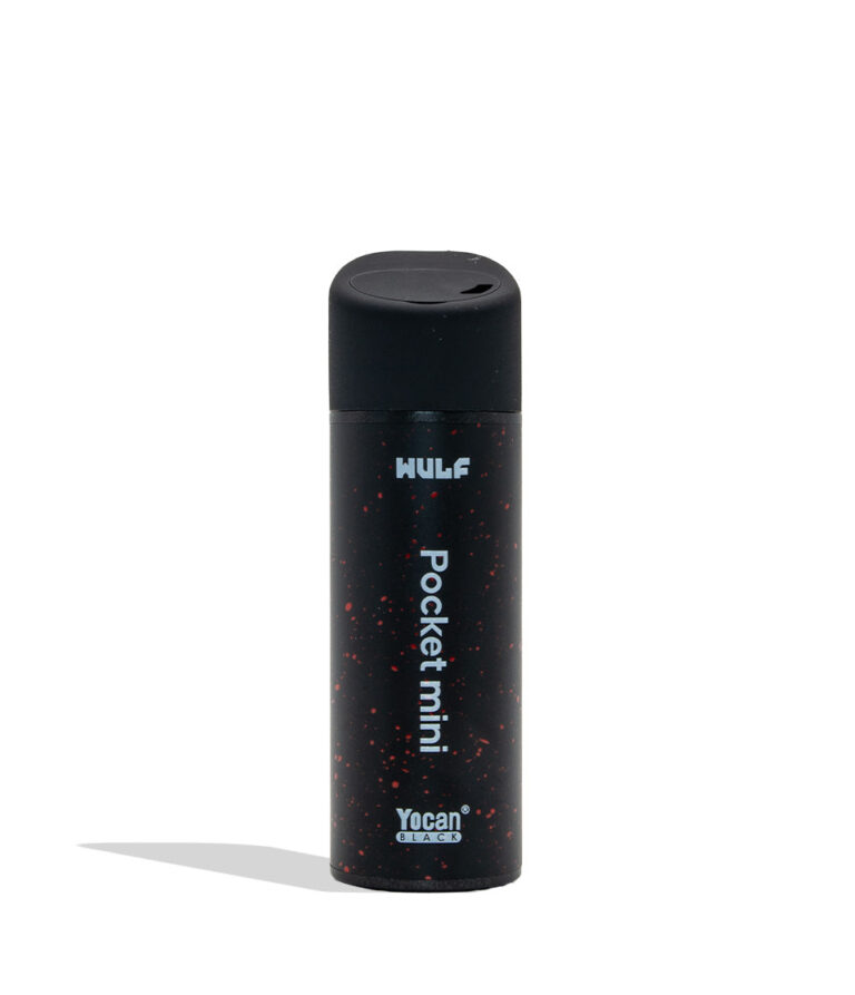 WULF MODS Pocket Mini concentrate vaporizer in black with red spatter pattern details, featuring a vertical rainbow LED indicator light on the side, shown against a plain white background. Back logos view
