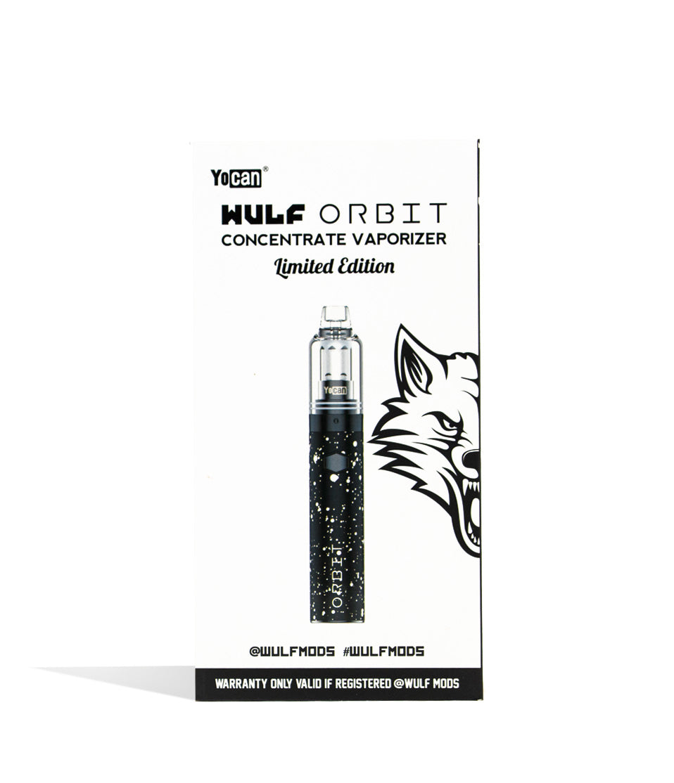 Black White Spatter packaging Wulf Mods Orbit Concentrate Vaporizer on white background