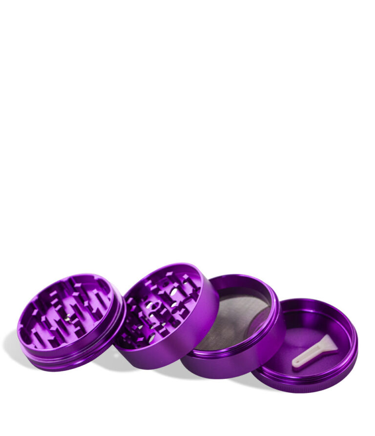 Purple Wulf Mods 65mm 4pc Grinder Open Apart View on White Background