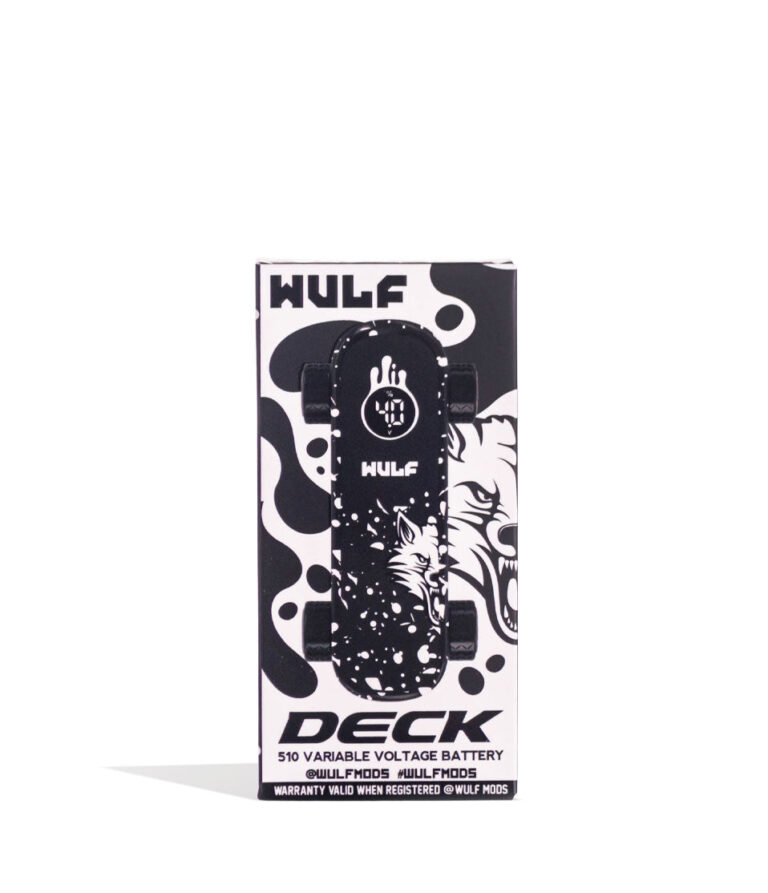 Black White Spatter Wulf Mods Deck Skateboard Voltage Battery Packaging Front View on White Background