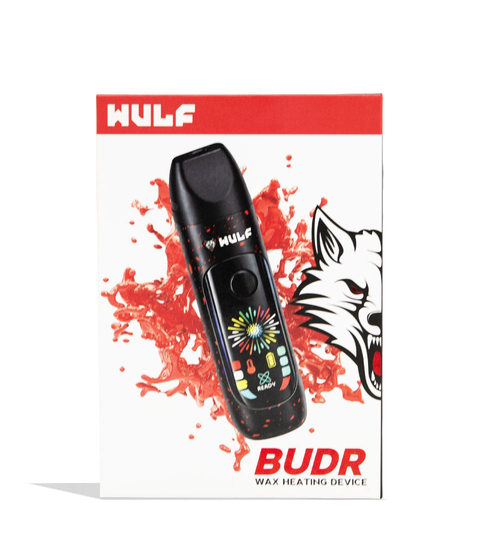 Black-Red Spatter Wulf Mods Budr Portable Concentrate Vaporizer Packaging Front View on White Background
