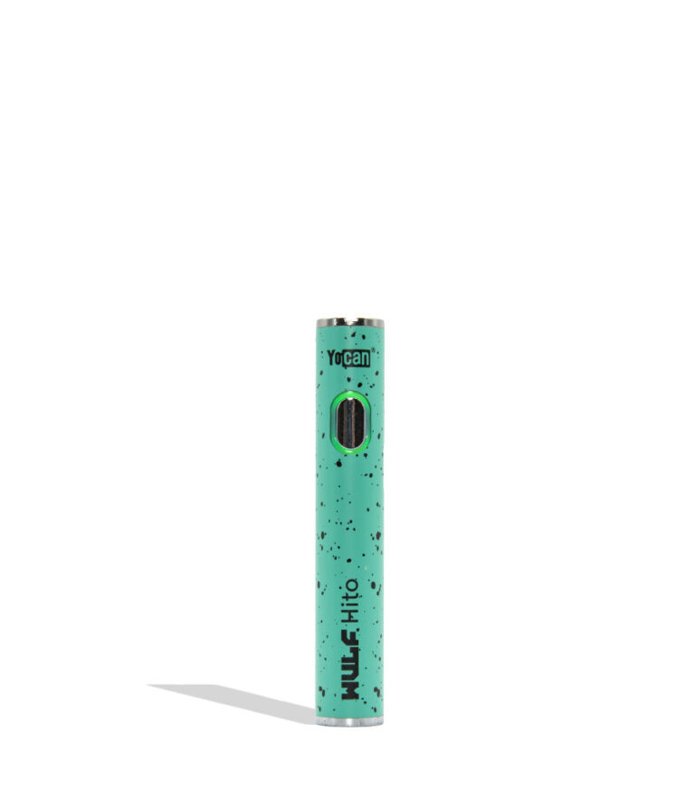 Yocan WULF Mods Hito vape device 510 battery with a glowing green power button, standing upright on a white background with a soft shadow. Teal black spatter color.