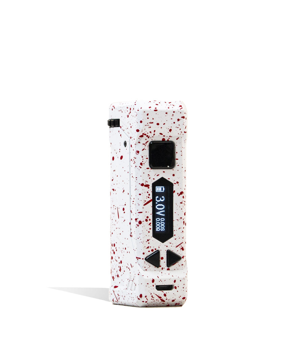 White Red Spatter Wulf Mods UNI Pro Adjustable 510 Thread Battery Front View on White Background