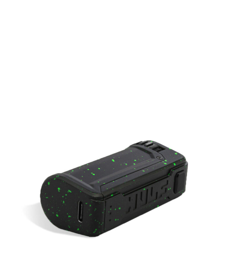 Black Green Spatter Wulf Mods UNI S Bottom View Adjustable 510 Thread Battery on White Background