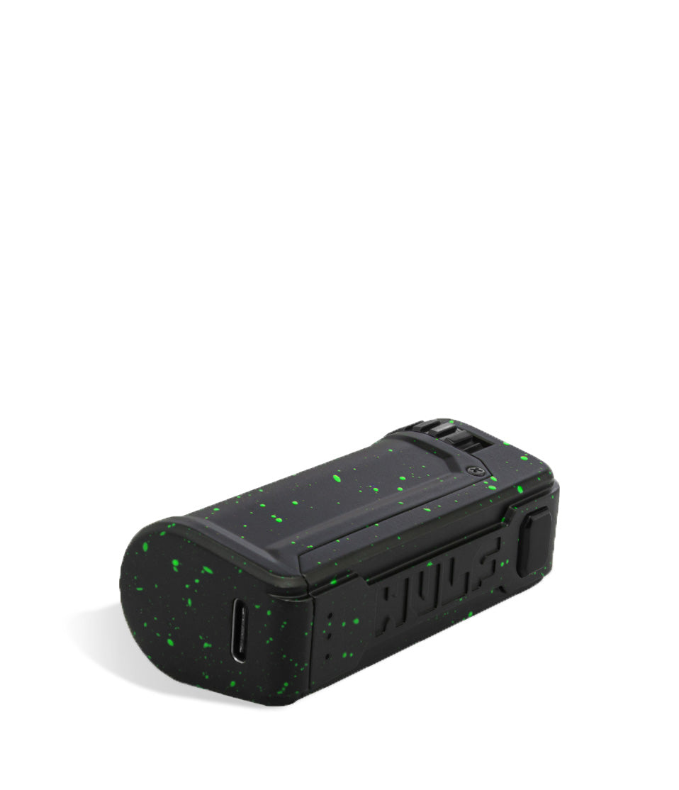 Black Green Spatter Wulf Mods UNI S Bottom View Adjustable 510 Thread Battery on White Background