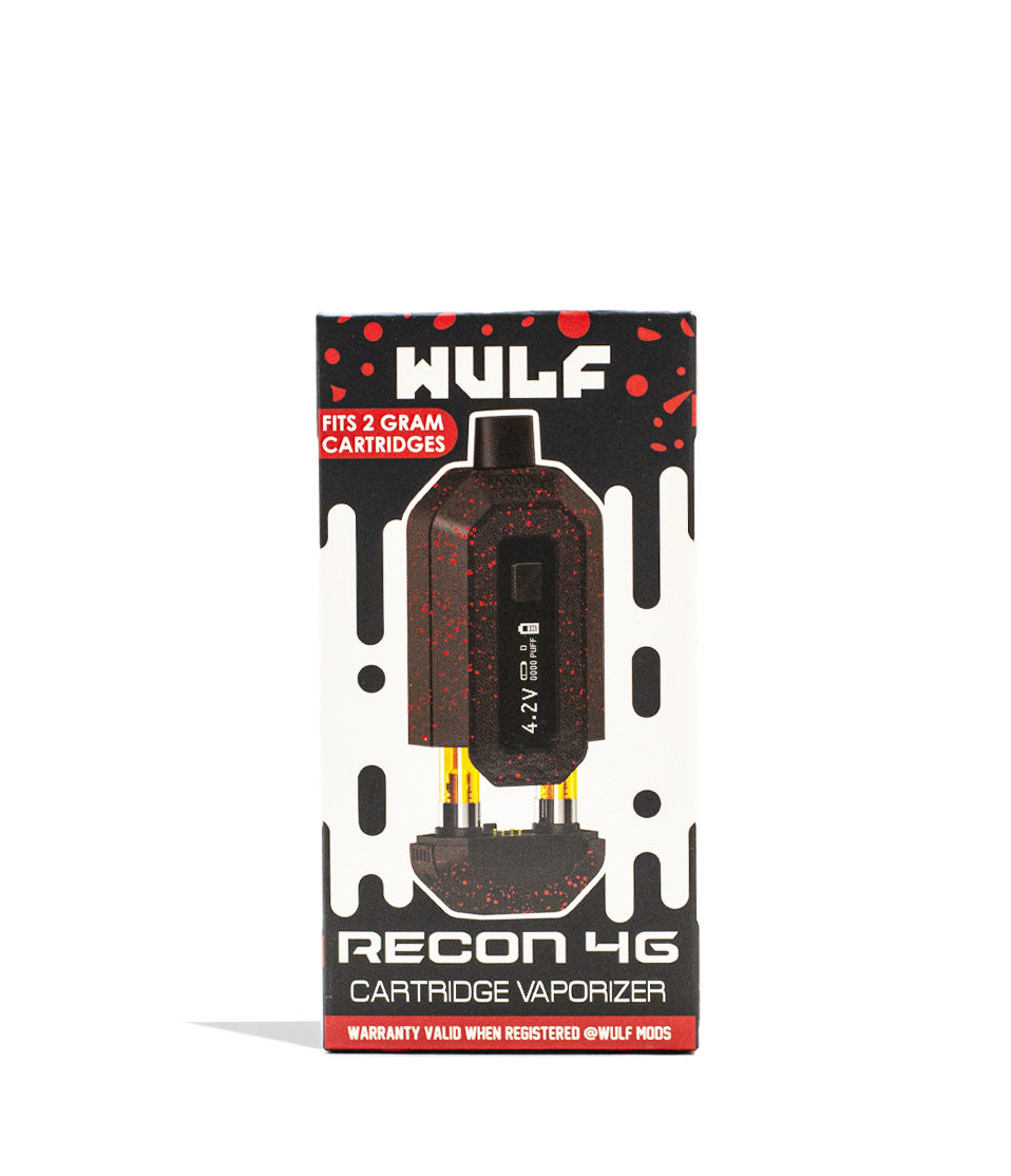 Black Red Spatter Wulf Mods Recon 4g Dual 510 Thread Battery Packaging Front View on White Background