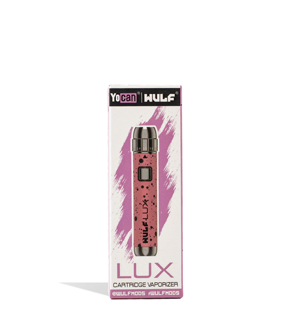 Pink Black Spatter packaging Wulf Mods LUX 510 Thread Battery on white background
