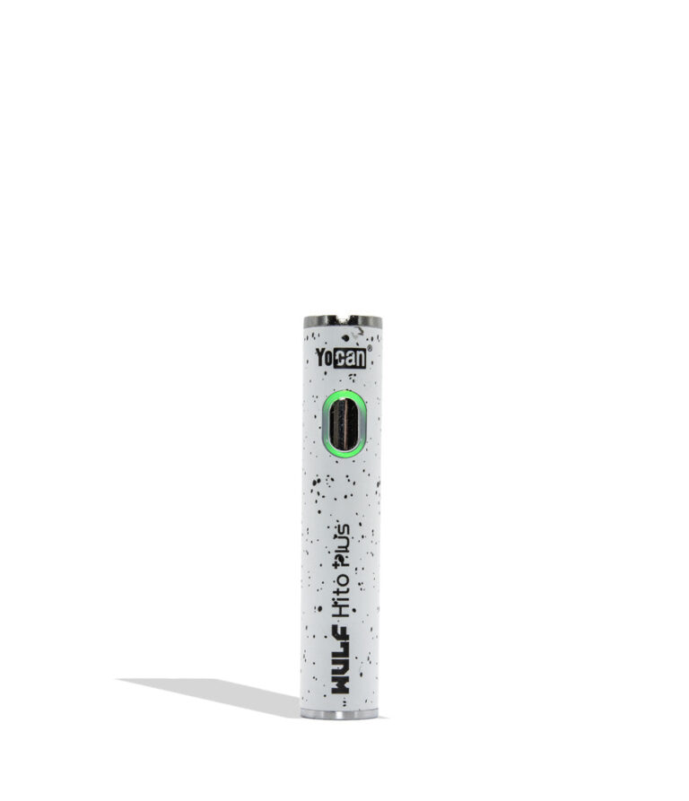 Yocan WULF Mods Hito Plus vape device 510 battery with a glowing green power button, standing upright on a white background with a soft shadow. White black spatter