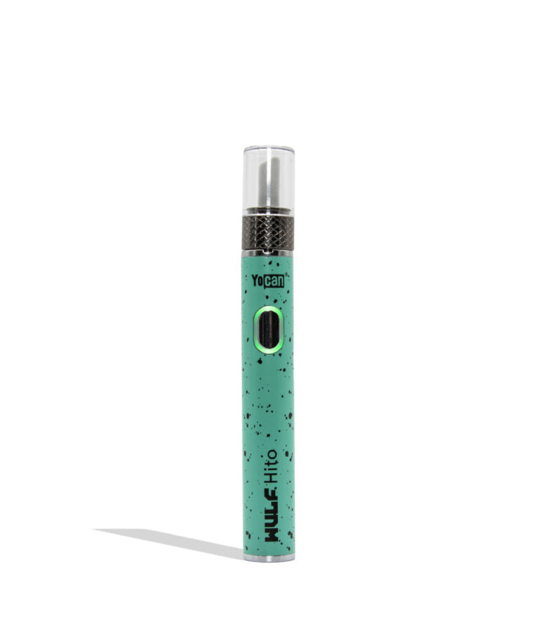 Yocan WULF Mods Hito Knife Kit device 510 battery with a glowing green power button, standing upright on a white background with a soft shadow. Teal black spatter