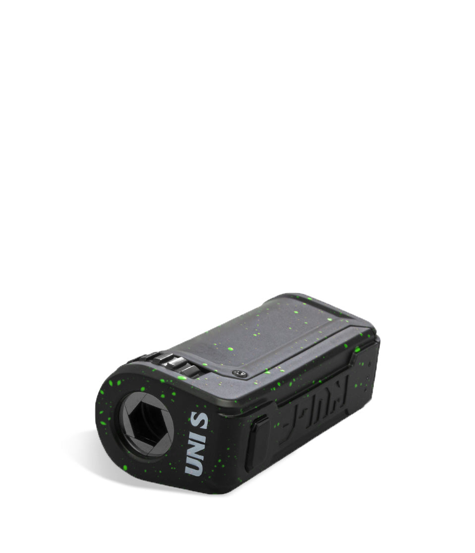 Black Green Spatter Wulf Mods UNI S Adjustable 510 Thread Battery Top View on White Background